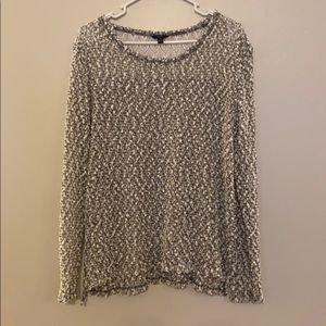 Grey and white popcorn sweater with lace back.